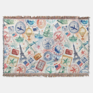 Vintage World Travel Stamp Pattern (3) Throw Blanket