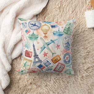Vintage World Travel Stamp Pattern (3) Throw Pillow