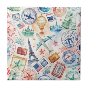 Vintage World Travel Stamp Pattern (3) Tile