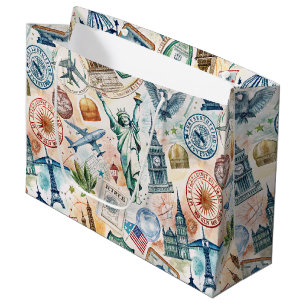 Vintage World Travel Stamp Pattern (6) Large Gift Bag