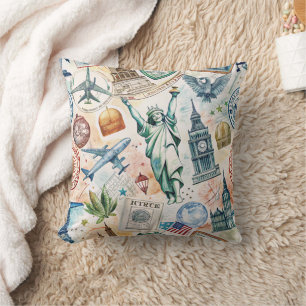 Vintage World Travel Stamp Pattern (6) Throw Pillow