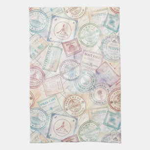 Vintage World Travel Stamp Pattern (8) Kitchen Towel