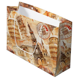 Vintage World Travel Stamp Pattern (9) Large Gift Bag