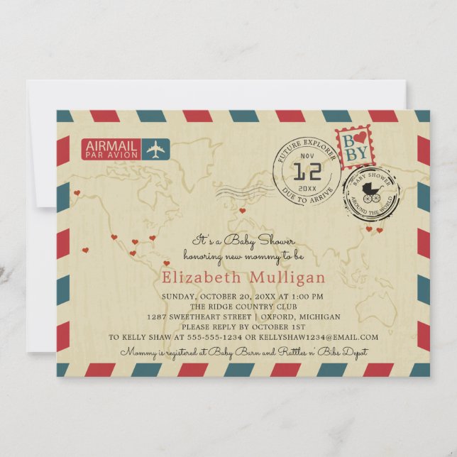 Vintage World Traveller Airmail Baby Shower Invitation (Front)