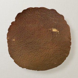Vintage Worn Brown Leather Round Pillow