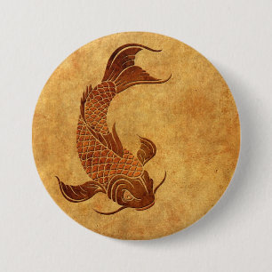 Vintage Worn Koi Fish Design 3 Inch Round Button