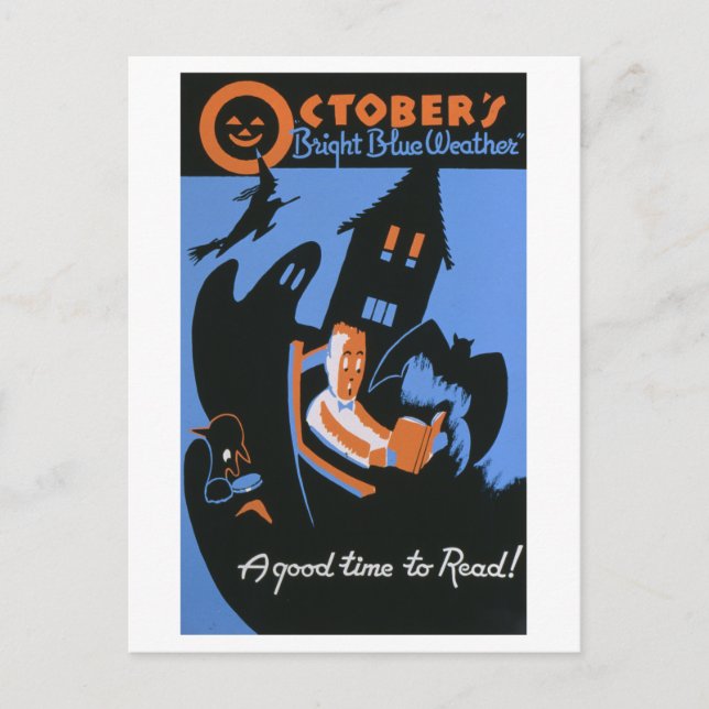 Vintage WPA Library Poster October Reading Postcard (Front)