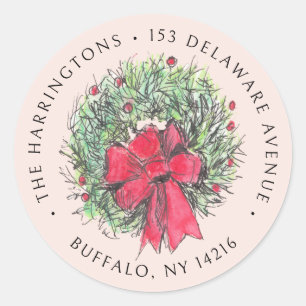Vintage Wreath Hand-Drawn Holiday Return Address Classic Round Sticker