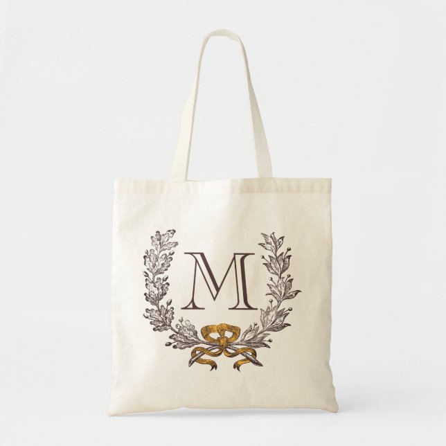 Vintage Wreath Personalized Monogram Initial Tote Bag (Front)
