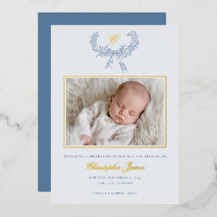 Vintage Wreath Ribbon Bow Blue Baby Foil Holiday Card
