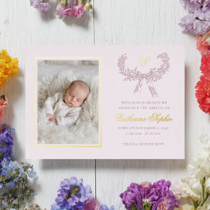 Vintage Wreath Ribbon Bow Pink Baby Foil Holiday Card