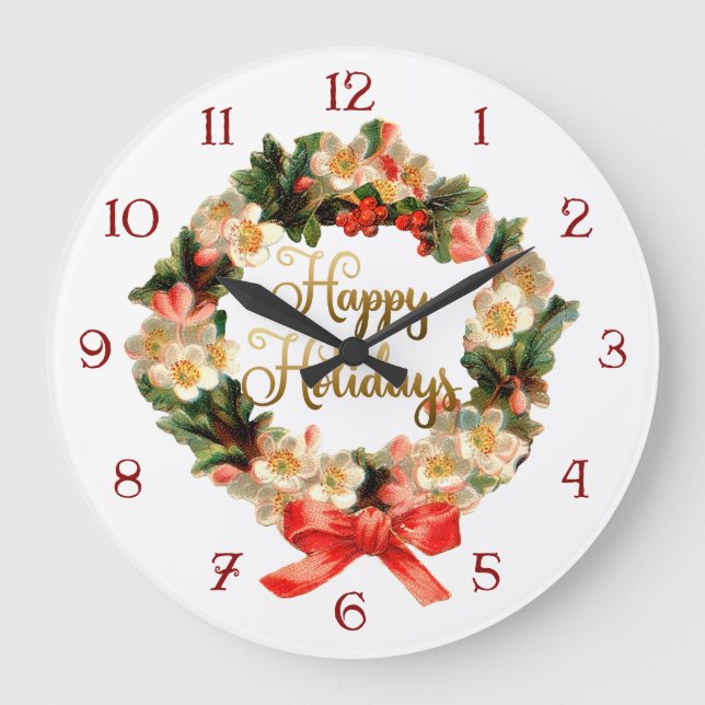 Vintage Wreath with Happy Holidays Script Large Clock (Front)