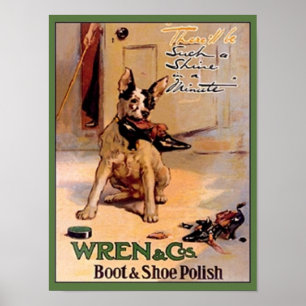 Vintage Wren & Co. Boot & Shoe Polish Ad Dog with  Poster