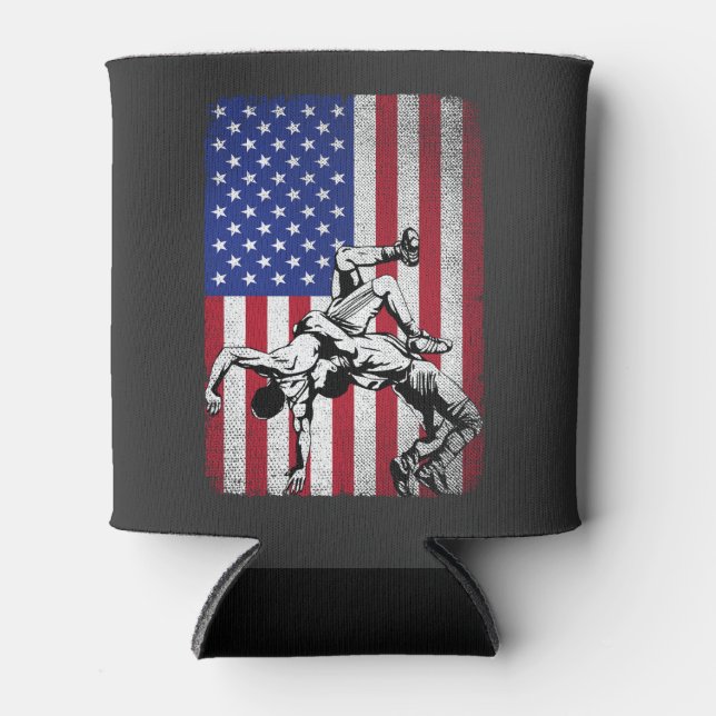  Vintage Wrestling Fans American Flag Wrestle  Can Cooler (Front)
