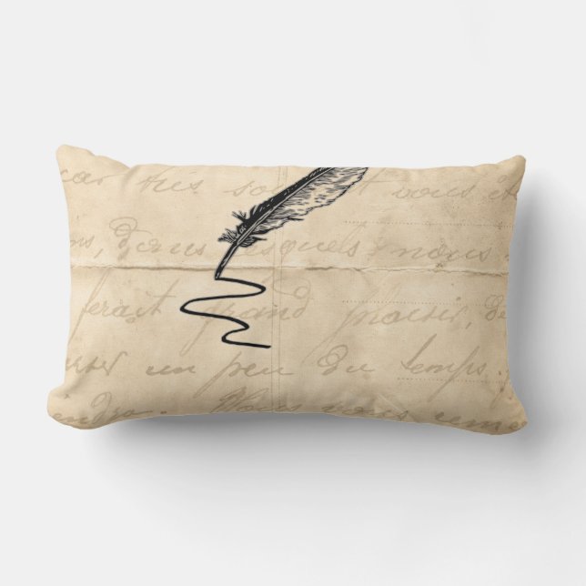 Vintage Writer’s Feather Quill Lumbar Pillow (Front)
