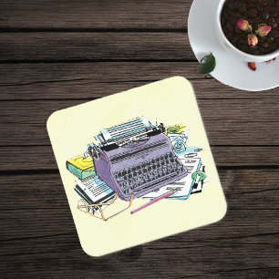 Vintage Writer’s Tools Typewriter Paper Pencil Square Paper Coaster