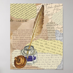 Vintage Writing Collage with Ink and Quill Poster