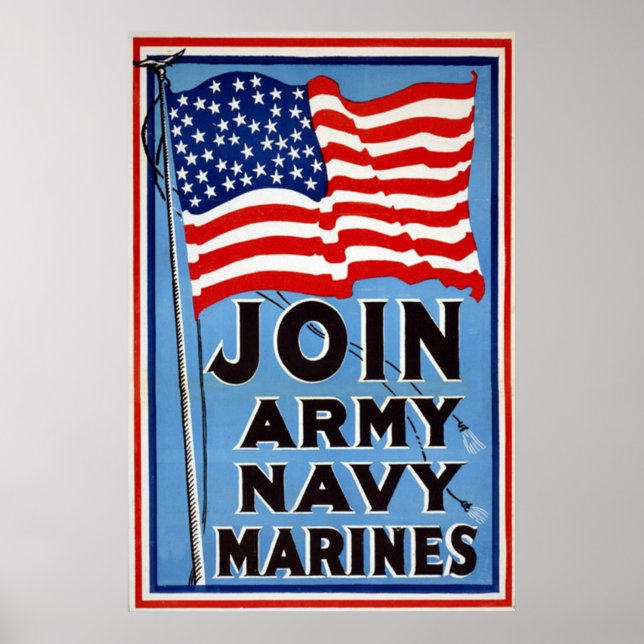 Vintage WW1 Poster ~ Join Army~ Navy~Marines (Front)