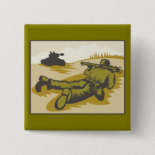 Vintage WW2 Bazooka Soldier and Tank 2 Inch Square Button
