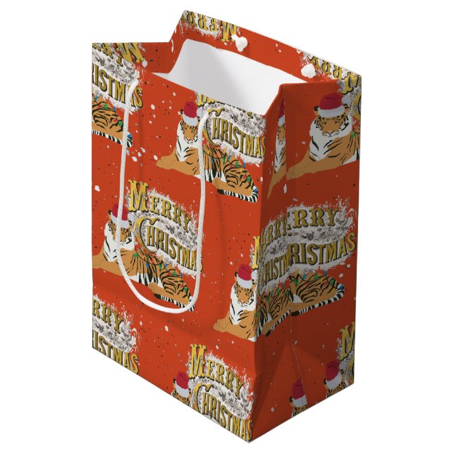 Vintage Xmas Tiger & Merry Christmas Medium Gift Bag (Front Angled)