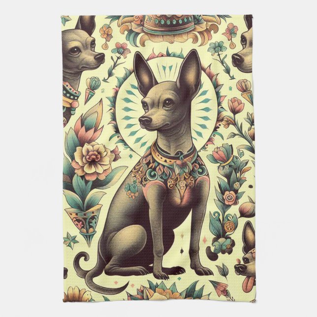 Vintage Xoloitzcuintle Seamless Kitchen Towel (Vertical)