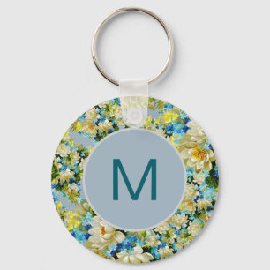 Vintage Yellow and Blue Floral Pattern Monogram Keychain