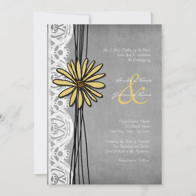 Vintage Yellow and Grey Daisy Wedding Invitation (Front)