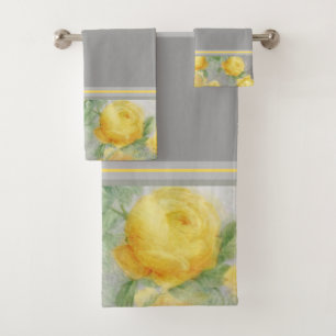 Vintage Yellow and Grey Watercolor Floral Line Bath Towel Set