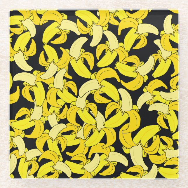 Vintage Yellow Bananas: Black Background Glass Coaster (Front)