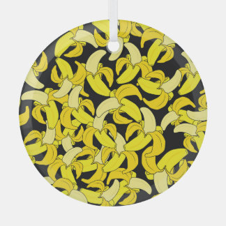 Vintage Yellow Bananas: Black Background Glass Ornament