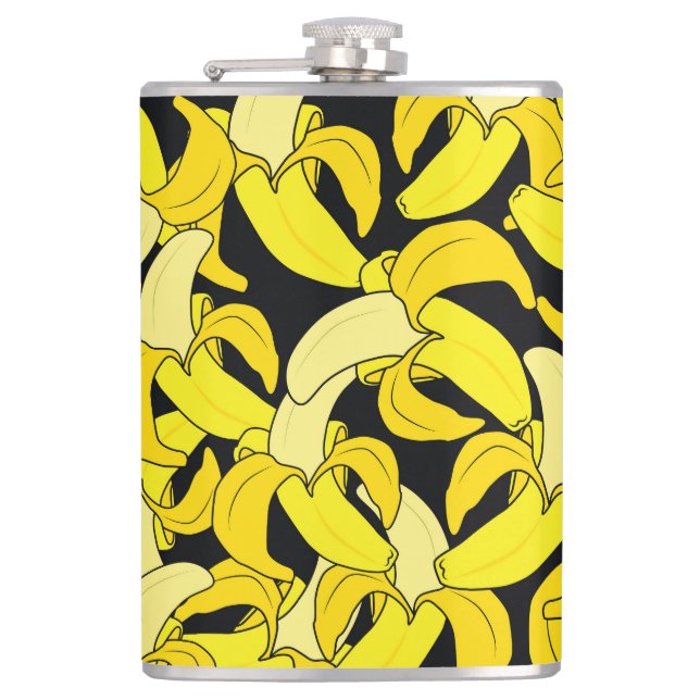 Vintage Yellow Bananas: Black Background Hip Flask (Front)