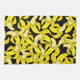 Vintage Yellow Bananas: Black Background Kitchen Towel