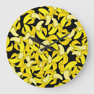 Vintage Yellow Bananas: Black Background Large Clock