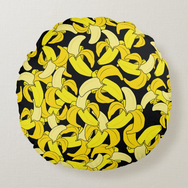 Vintage Yellow Bananas: Black Background Round Pillow (Front)