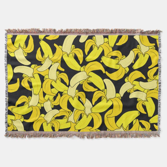 Vintage Yellow Bananas: Black Background Throw Blanket (Front)