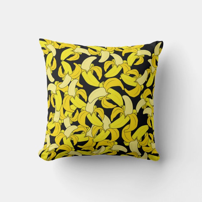 Vintage Yellow Bananas: Black Background Throw Pillow (Front)