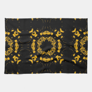 Vintage Yellow, Black Floral Damasks Retro Pattern Kitchen Towel