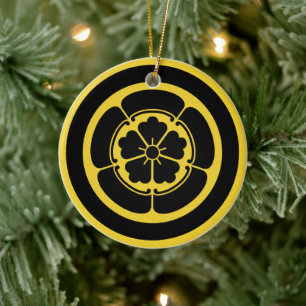 Vintage Yellow Black Oda Japan Mon Graphic Ceramic Ornament
