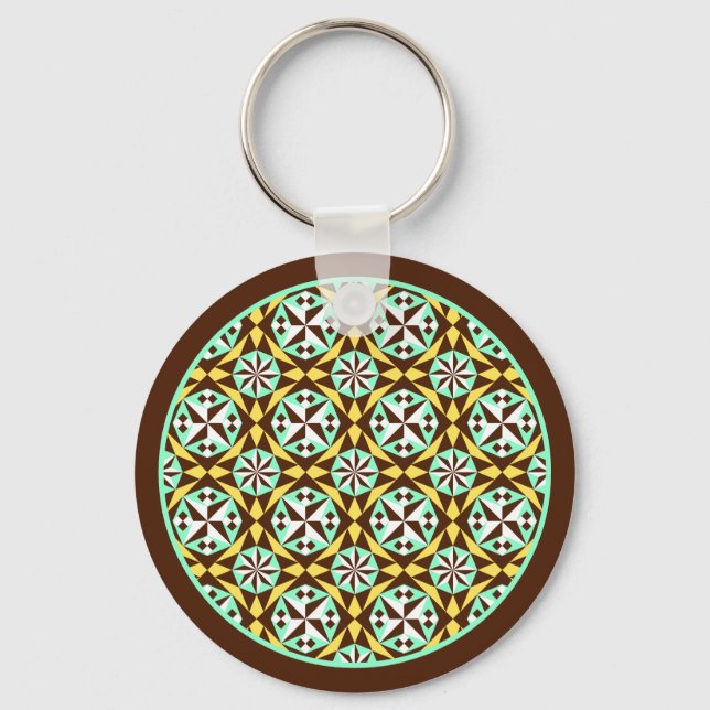 Vintage Yellow Blue Brown Barcelona Pattern Keycha Keychain (Front)