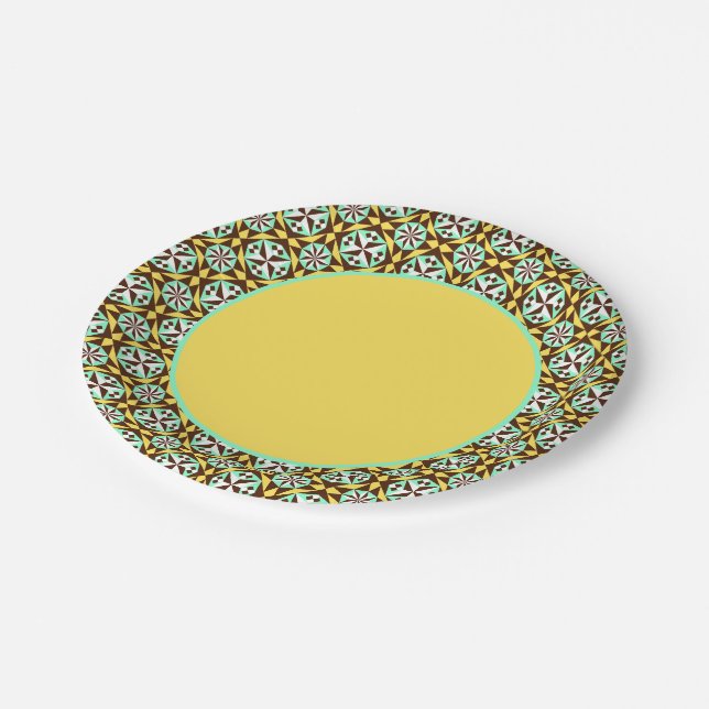 Vintage Yellow Blue Brown Barcelona Pattern Paper Plate (Angled)