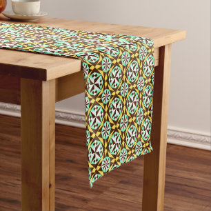 Vintage Yellow Blue Brown Barcelona Pattern Short Table Runner