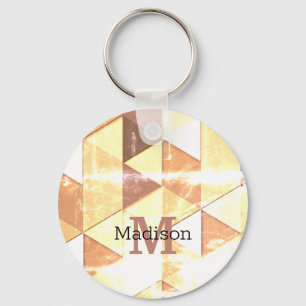 Vintage yellow brown geometric pattern Monogram Keychain