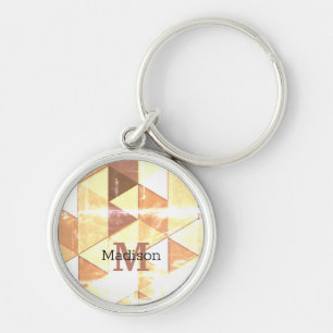 Vintage yellow brown geometric pattern Monogram Keychain