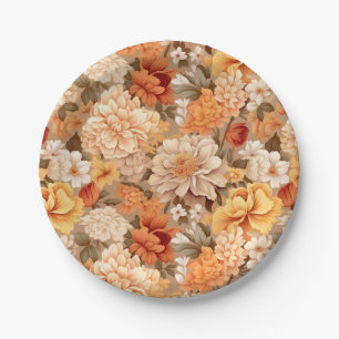 Vintage yellow burnt orange beige tan flowers paper plate