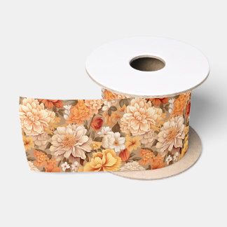 Vintage yellow burnt orange beige tan flowers satin ribbon