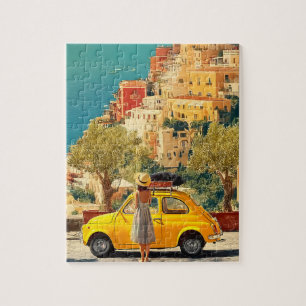 Vintage Yellow Car by the Amalfi Coast, Positano Jigsaw Puzzle