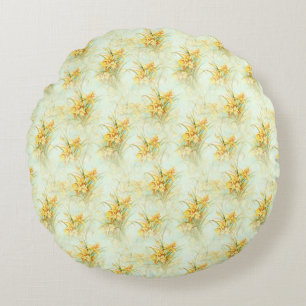 Vintage Yellow Daffodil Floral Flower Round Pillow