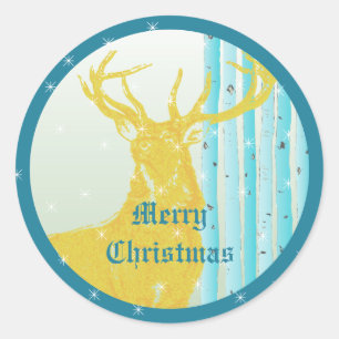 Vintage Yellow Deer Aqua Birch Tree Snowflake Classic Round Sticker