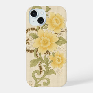  Vintage Yellow Floral Textile Art iPhone 15 Case