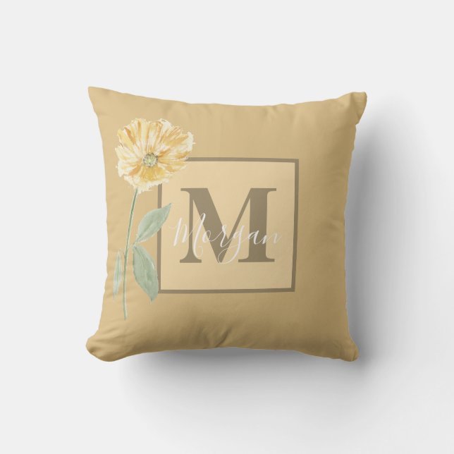 Vintage Yellow Flower Monogram Throw Pillow (Front)